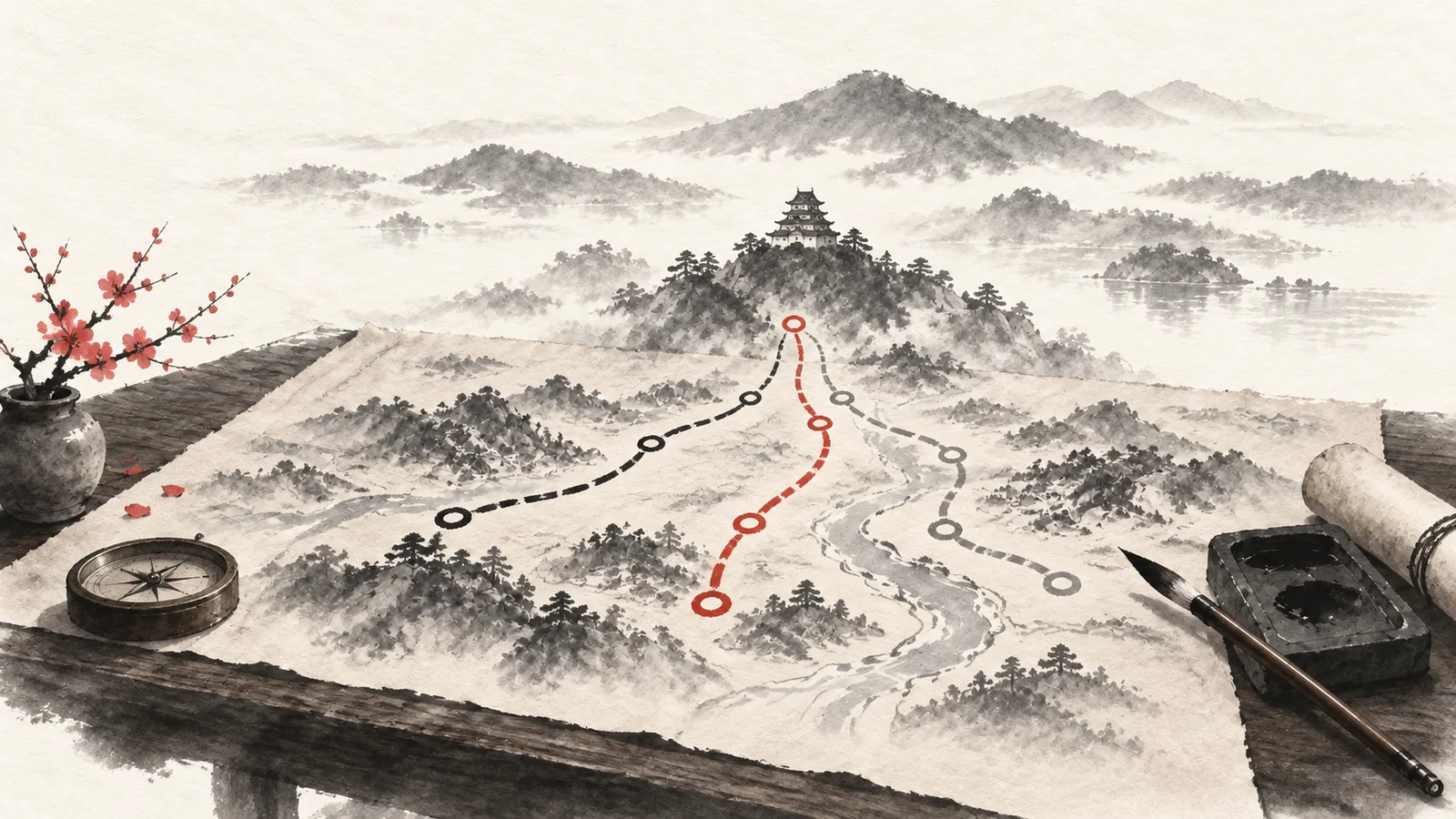 城へ続く複数の道を巻物の地図で比較する水墨画