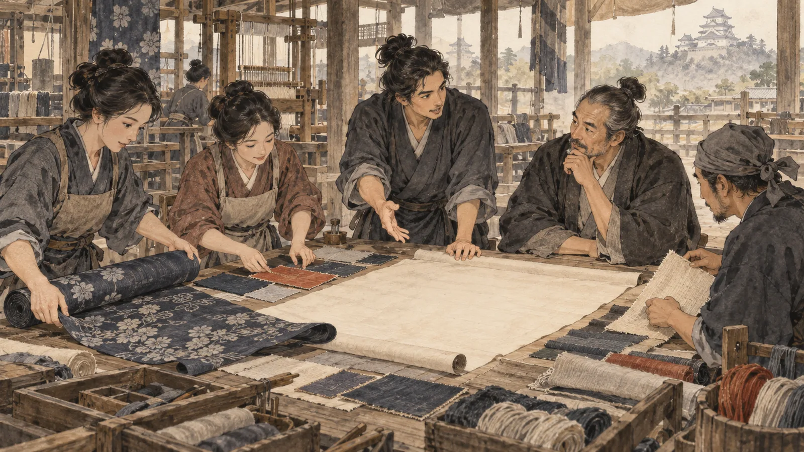 織物工房で若い経営者と職人が助言者とともに生地と計画を検討する水墨画
