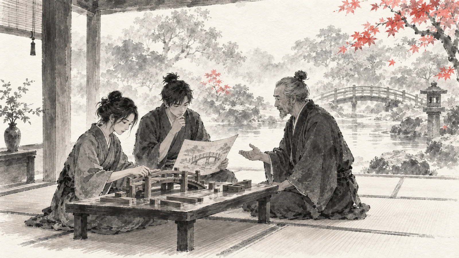 模型づくりと対話を通じて学ぶ人々の水墨画