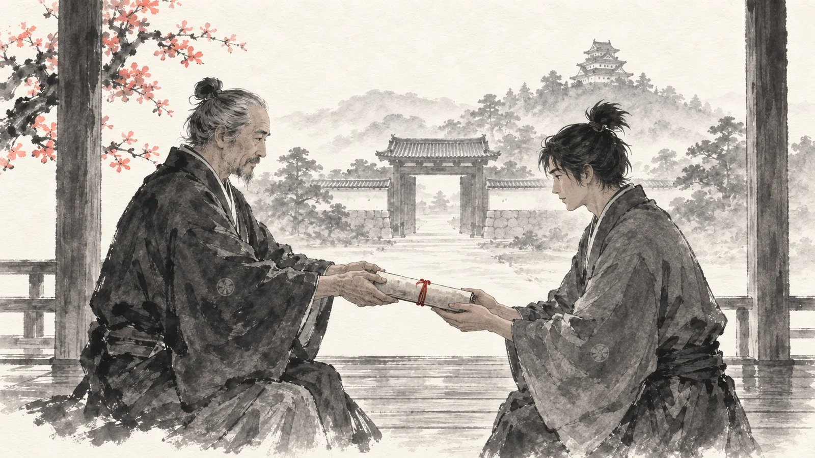 城門を望む縁側で、先代から後継者へ巻物を手渡す水墨画